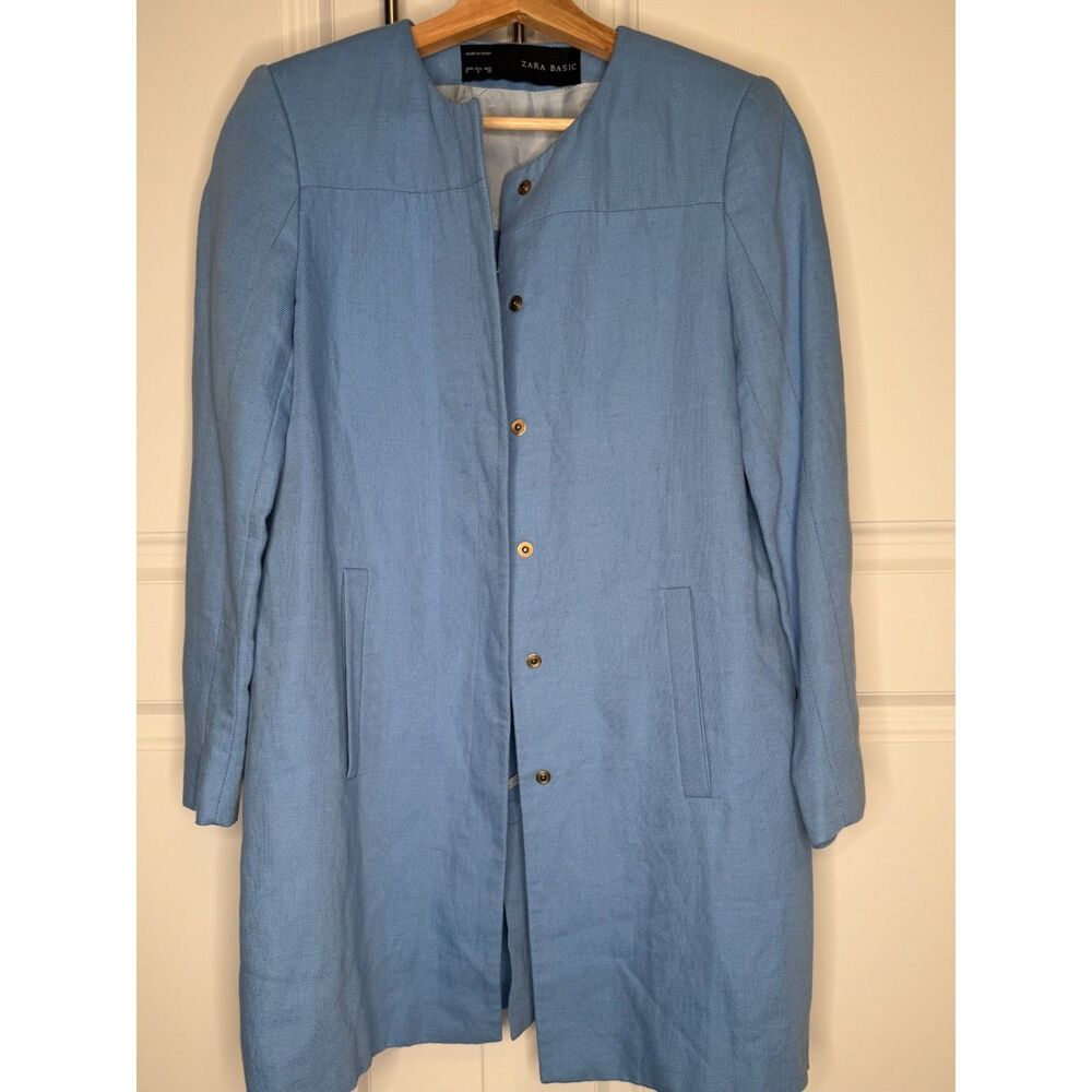 Zara Basic Blue Linen Blend Coat Jacket Made in Spain Collarless Snap Front
